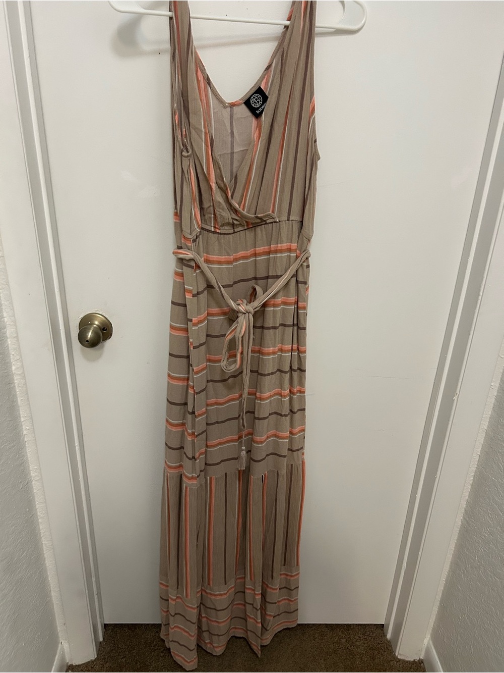 bobeau Taupe Maxi Dress with Coral & Cream Stripes